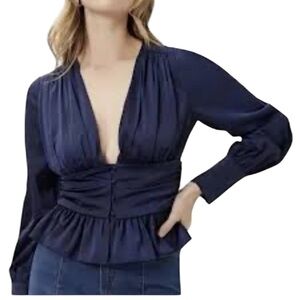 Jason Wu Satin Victorian Front Peplum Long Sleeve Blouse Small Blue